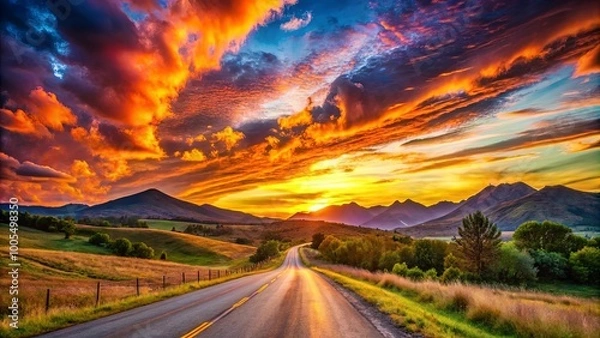 Fototapeta A winding road leads towards a fiery sunset over rolling hills and distant peaks