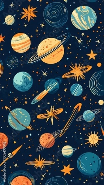 Fototapeta A seamless pattern with colorful planets, stars, and galaxies on a dark blue background.