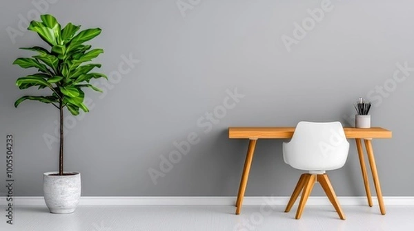 Fototapeta A minimalist home office featuring a sleek wooden desk, modern chair, and simple decor, with potted plants providing a refreshing touch