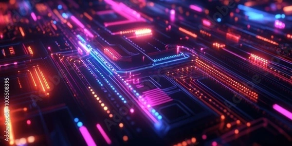 Fototapeta a computer circuit with neon lights