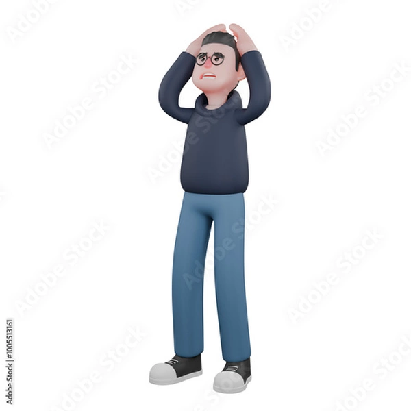 Fototapeta 3D Male Tech Character. A male programmer is standing while his two hands are holding his head. Programmer Professional