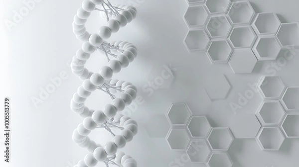 Obraz Abstract 3D rendering of a DNA double helix and honeycomb pattern on a white background.