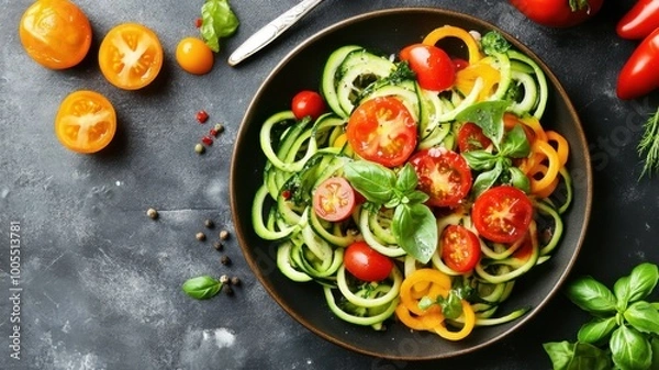 Obraz Healthy vegetable salad with fresh tomatoes and greens in a bowl.