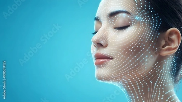 Fototapeta Close-up of a woman's face with glowing blue lines and dots