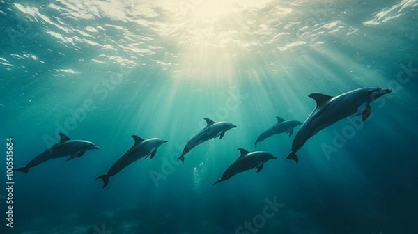 Fototapeta A pod of dolphins swims in the ocean, sunlight shining down.