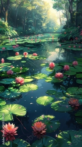 Fototapeta Serene lily pond, floating pads, blooming flowers, bird's-eye view, soft light, anime style, tranquil waterscape,