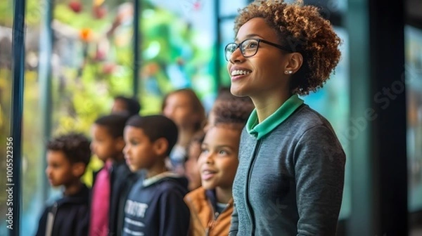 Fototapeta A woman with curly hair and glasses looks up at a blurred background with a group of children behind her.