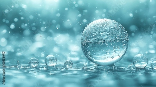 Fototapeta Water droplets and a reflective orb create a tranquil atmosphere on a serene surface with gentle ripples and soft reflections