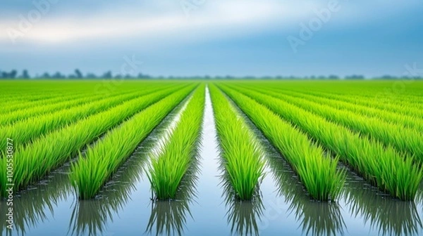 Fototapeta A close-up of bright green rice plants growing in neat rows in a flooded field, with water reflecting the sky and creating a peaceful atmosphere. 