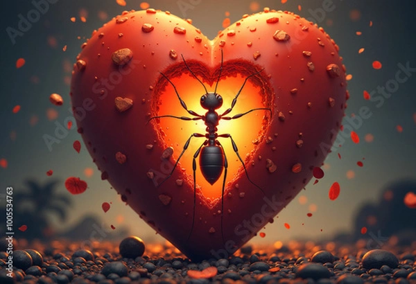 Obraz A large red heart-shaped object with a black ant silhouette visible inside, surrounded by smaller heart shapes and a glowing background
