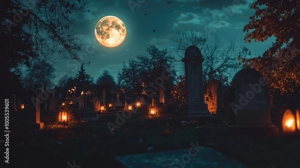 Fototapeta A haunting graveyard scene illuminated by lanterns under a full moon, creating an eerie and mystical atmosphere.
