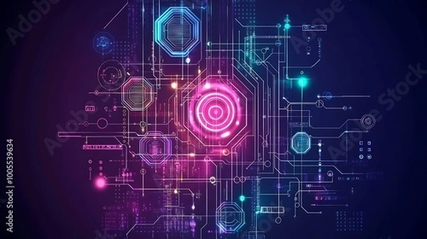 Fototapeta Abstract digital network with glowing lines and hexagons on dark background.
