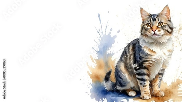 Fototapeta American Bobtail cat, captured in a serene watercolor portrait. Drawing. Art. Illustration. Copy Space. 1