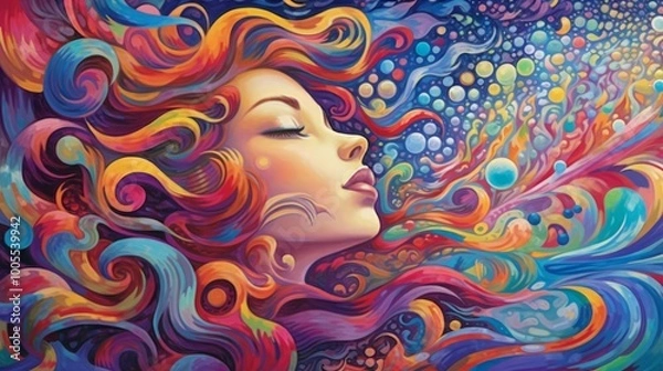 Fototapeta A vibrant, colorful depiction of a woman's profile with flowing hair.