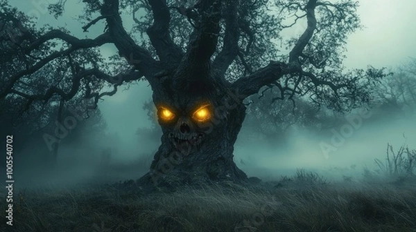Fototapeta A haunting tree with glowing eyes, shrouded in mist, evokes a sense of mystery and enchantment in a dark forest.