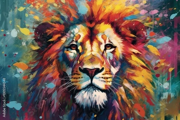Fototapeta A vibrant, colorful lion portrait with an abstract background.