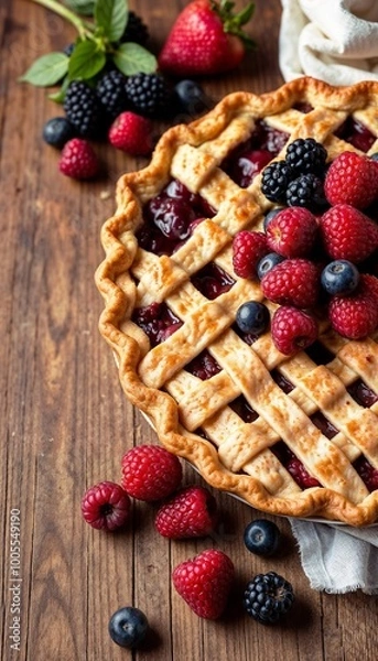 Fototapeta Delicious berry pie topped with fresh raspberries and blackberries on a wooden table