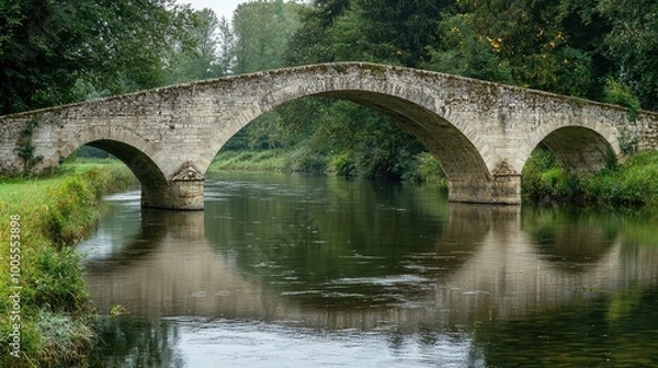 Fototapeta A serene view of a historic stone arch bridge reflecting in calm water amidst lush greenery, perfect for tranquil landscapes.