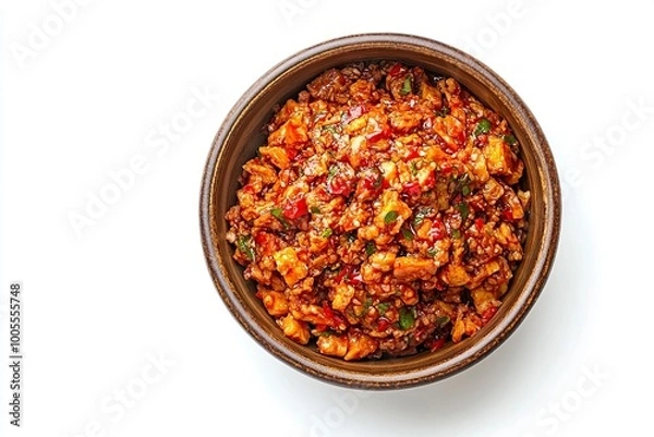 Fototapeta Bowl with fresh homemade Indonesian sambal tempeh goreng close up isolated on white background .generative ai