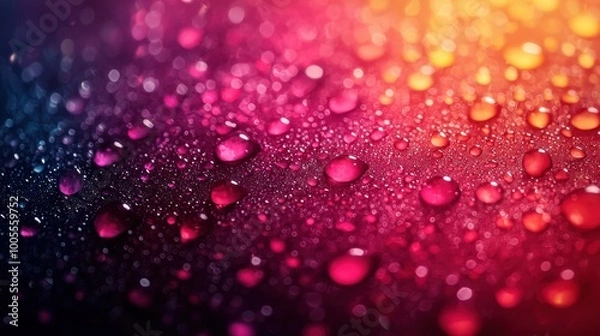 Fototapeta Vibrant droplets of water on a colorful surface reflecting various hues at dawn