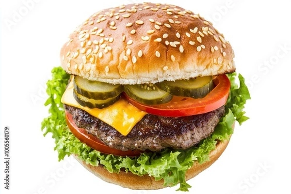 Fototapeta Cheeseburger, top view, isolated on white background, with a juicy beef patty, melted cheddar cheese, fresh lettuce, ripe tomato slices, and pickles, generative ai
