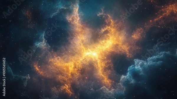 Fototapeta A vivid depiction of a birth within a nebula. The glowing gases and emerging stars create a dynamic and beautiful scene of stellar creation and cosmic activity.