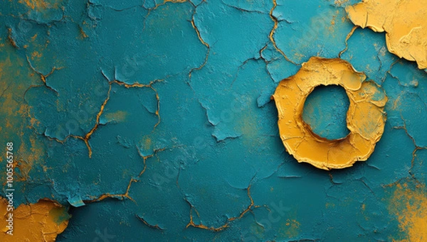 Fototapeta  A blue background with golden cracks in the center, resembling an O-shaped ring, creates a unique visual effect. Created with Ai