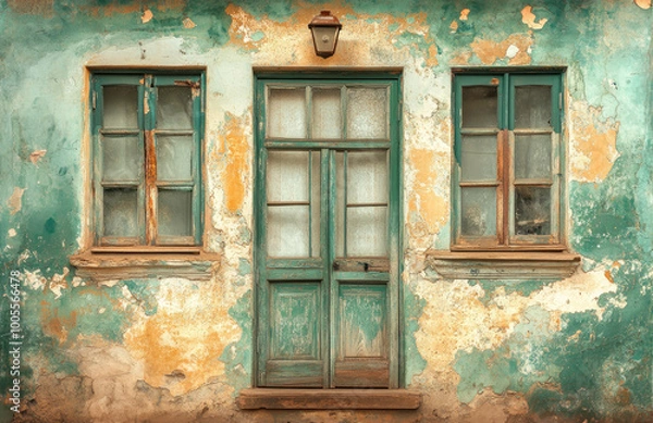 Fototapeta  Old, green and brown-painted house wall with a door, windows and a lantern. Created with Ai