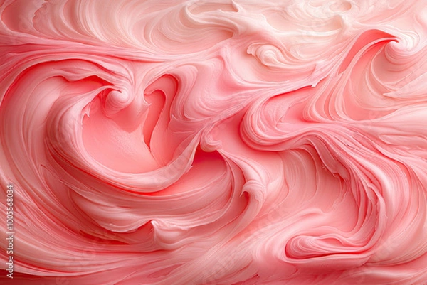 Fototapeta A close-up of swirling pink and white frosting, creating an abstract pattern that resembles the surface of the sea with gentle waves. Created with Ai