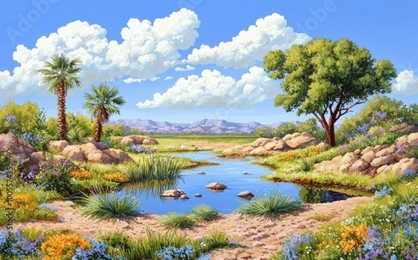 Fototapeta This tropical landscape wallpaper design features a lake and mountain, a vintage view, palms and banana trees, and a mural art backdrop.