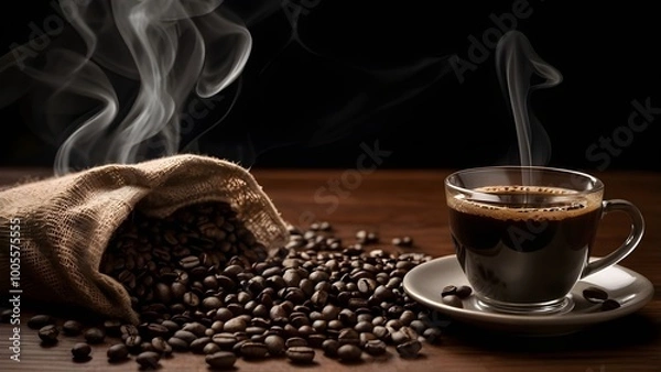Fototapeta A cup of black coffee or espresso sitting on a dark wooden table with freshly roasted coffee beans.