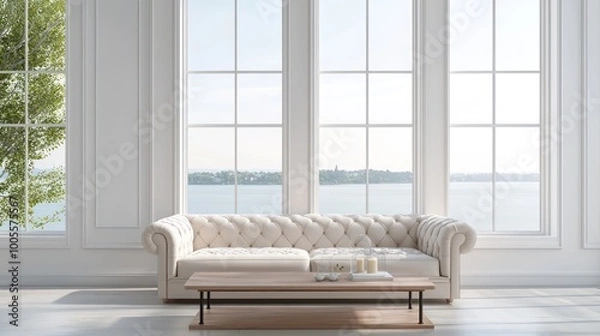 Fototapeta Elegant minimalist living room with a cream tufted sofa, a low-profile wooden coffee table, and tall windows with a panoramic view of a calm bay
