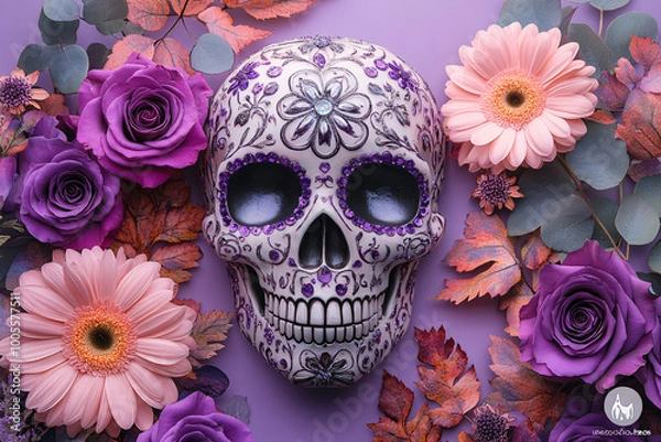 Fototapeta Skull adorned with intricate purple and silver floral patterns surrounded by vibrant flowers. Suitable for use in celebrations, festivals, and cultural events.