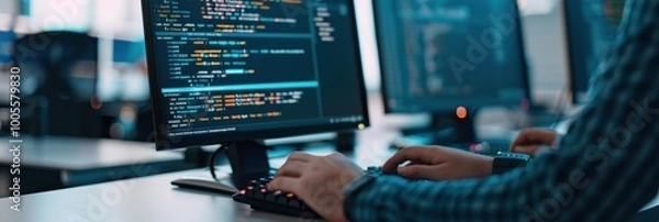 Obraz A software developer working in a modern office types code on multiple monitors, focusing on programming, coding, and software development.