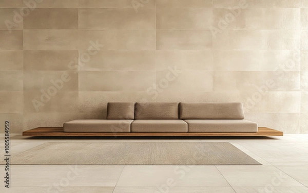 Fototapeta Contemporary living room with a minimalistic beige sofa and textured walls highlighted by soft lighting in a modern interior setting