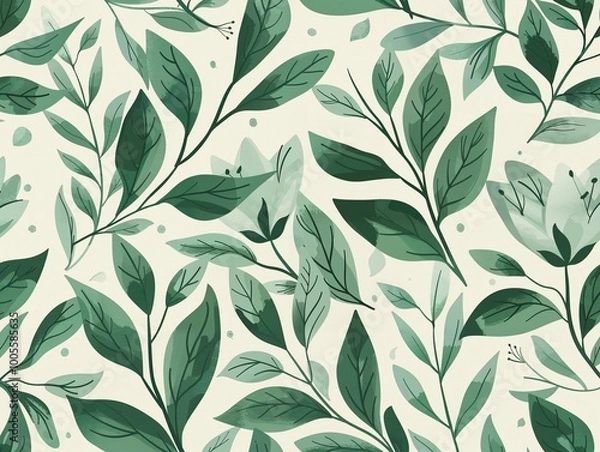 Fototapeta A seamless botanical pattern featuring green leaves against a light background. The vibrant, hand-drawn leaves create a fresh and natural aesthetic, perfect for nature-inspired designs.