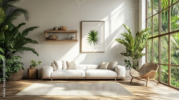 Obraz A white living room interior featuring a sofa and armchair, with a shelf displaying artistic decorations and a carpet on a hardwood floor.