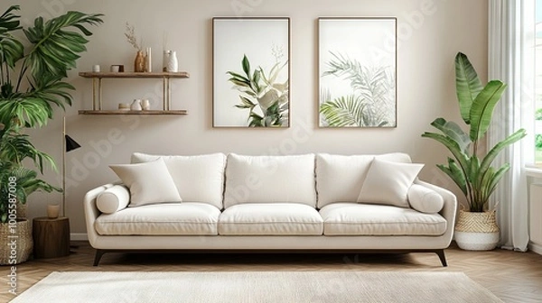 Obraz A white living room interior featuring a sofa and armchair, with a shelf displaying artistic decorations and a carpet on a hardwood floor.