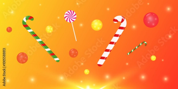 Fototapeta Merry Christmas! A festive background depicting a colorful explosion of candies and lollipops. 3 D. Vector illustration.
