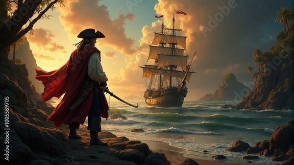 Fototapeta a pirate ship is on the beach and the man is looking at the ship.