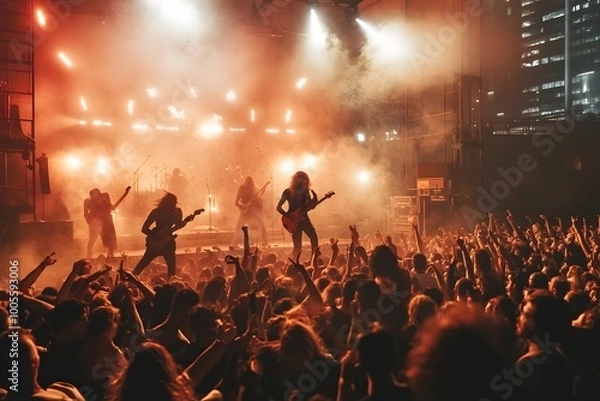 Fototapeta Urban Music Concert with Passionate Performers on Stage and Moshing Audience in an Amphitheater Flashing Lights and Smoke Feeling of Raw Excitement and Youthful Rebellion