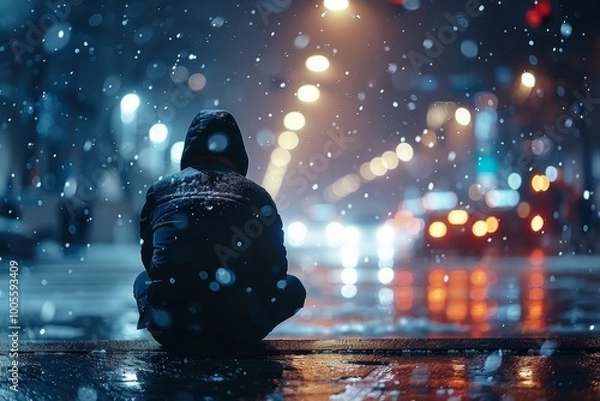 Fototapeta Desperate man sits on asphalt after causing accident due to alcohol impairment, reflecting regret