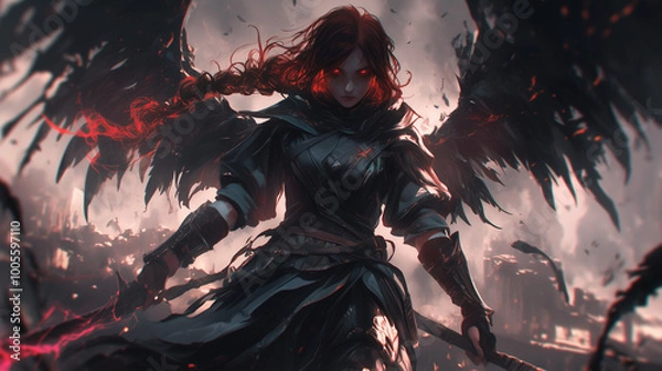 Fototapeta female fallen angel with fiery aura wields a sword amidst chaos