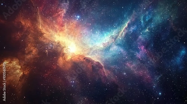 Fototapeta Vibrant cosmic scene showcasing colorful nebulae, stars, and galactic phenomena in a stunning display of space's beauty and mystery.