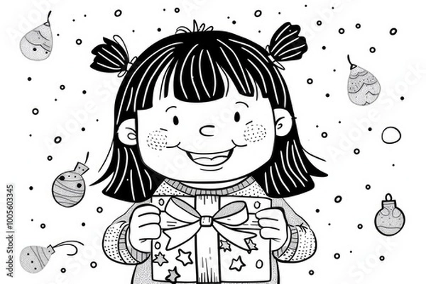 Fototapeta Coloring book illustration of a joyful little girl holding a gift with cheerful expressions suitable for various celebrations