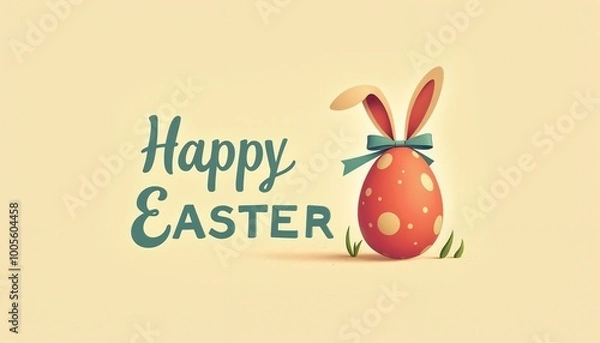 Fototapeta Easter egg with bunny ears and a bow next to the text "Happy Easter" in a cheerful style, easter cards illustration background