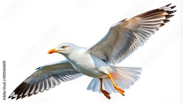 Fototapeta With wings outstretched, a majestic seagull glides effortlessly against a clean white canvas, capturing the spirit and