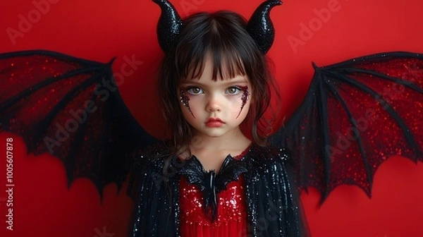 Fototapeta A little girl dressed as a glamorous vampire with a sparkling cape and glittery face makeup poses for Halloween photos