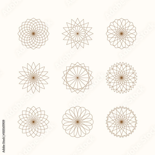 Fototapeta Set of linear thin line art deco boho retro vintage stars. Geometric shapes and outline flower symbols