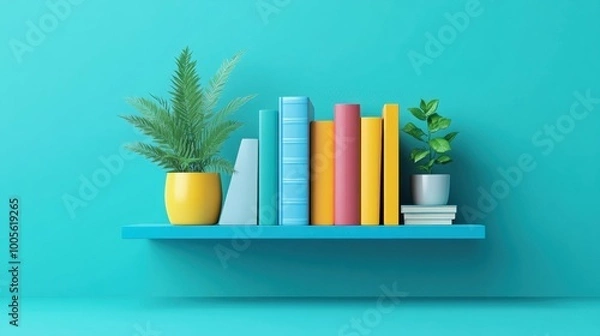 Fototapeta Modern Shelf with Colorful Textbooks and Plants
